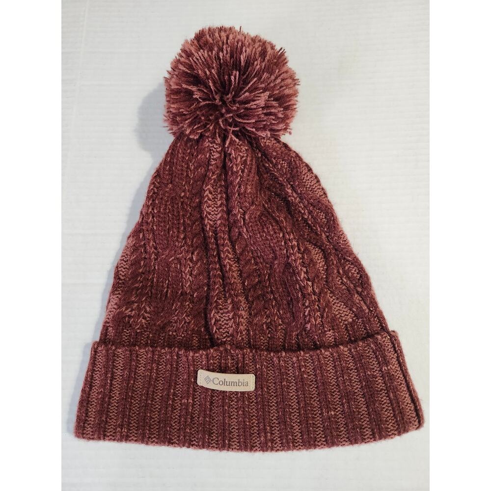 Columbia Women's Cable Knit Pom Beanie Hat OS Maroon Soft Warm 1749561
